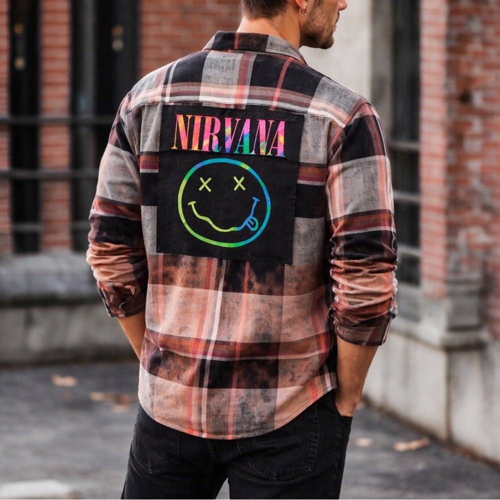 Topman Nirvana Bleached Flannel Shirt Men’s Large Grunge Band Plaid
